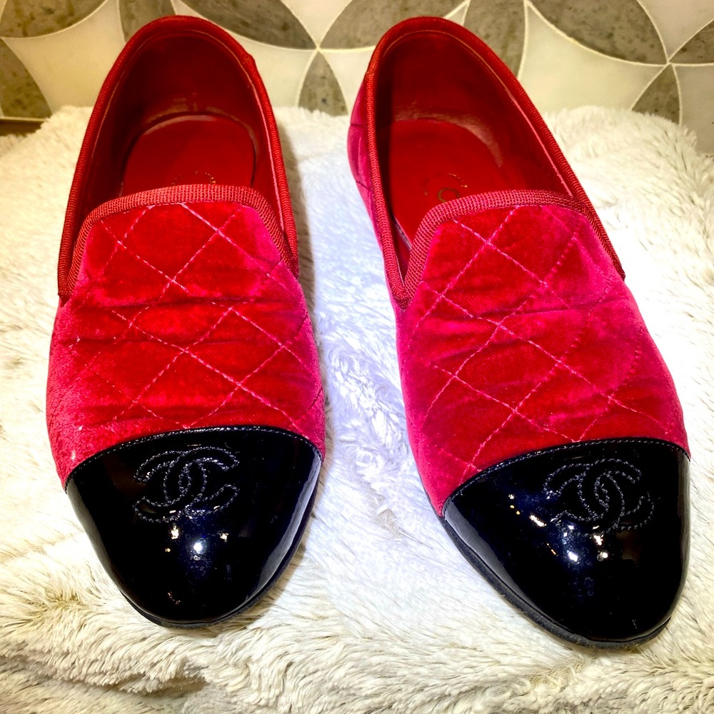 Chanel Red Velvet Diamond Loafer / Moccasin